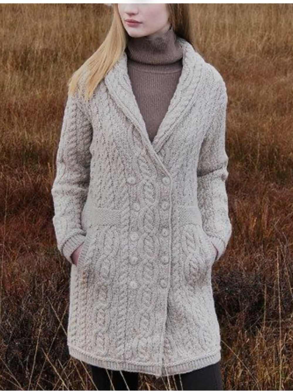 Aran Crafts 100% Wool Cream Cable-Knit Long Cardigan Size Small Double Breasted